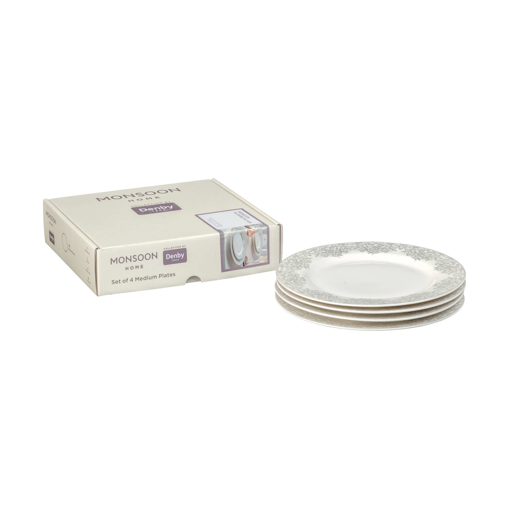 Crockery Monsoon Filigree Silver 4 Piece Medium Plate- Boxed Set